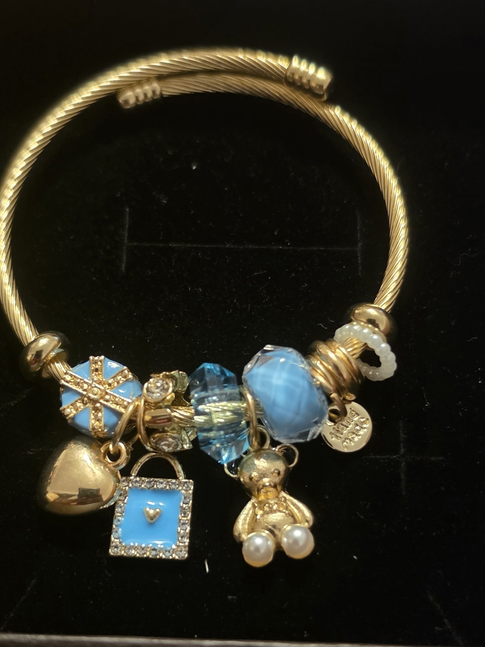 Gold-Tone Blue Charm Bracelet with Teddy & Heart Charms